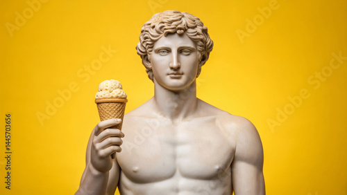 Obraz na płótnie A sculpted figure of a youthful man holding an ice cream cone is displayed against a vivid yellow backdrop, blending classical art with modern themes in a playful manner w salonie