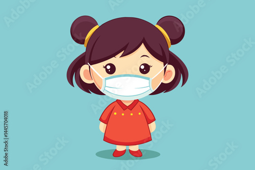A young girl with pigtails wears a mask and a red dress adorned with stars. She stands confidently, embodying health awareness during these challenging times.