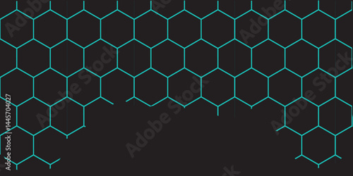 Blue seamless pattern with hexagonal honeycomb texture creates a geometric abstract design wallpaper with metallic light elements in a grid structure