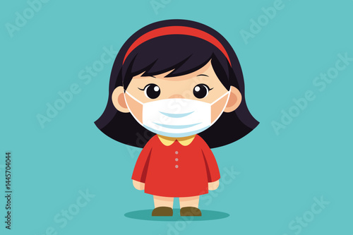 A cartoon girl with a red dress and a headband stands confidently, wearing a mask, embodying health awareness for children during a pandemic period.