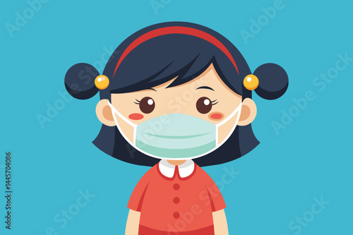 A young girl with pigtails is wearing a protective mask in a bright classroom. Her expression is joyful, promoting health awareness among peers.
