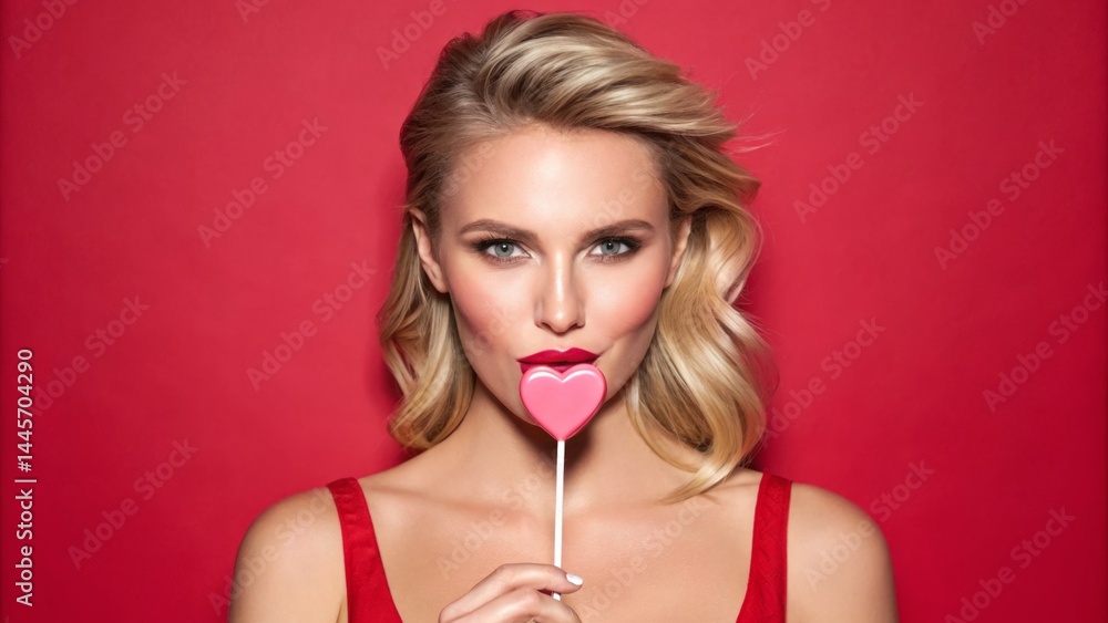 A stylish woman poses with a heart-shaped lollipop, showcasing a playful demeanor. She wears a vibrant red dress, perfect for a fun and flirty atmosphere. The striking red backdrop enhances the mood