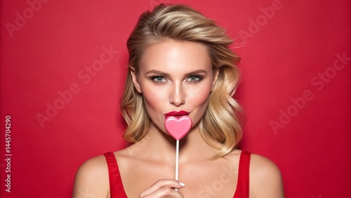 Obraz na płótnie A stylish woman poses with a heart-shaped lollipop, showcasing a playful demeanor. She wears a vibrant red dress, perfect for a fun and flirty atmosphere. The striking red backdrop enhances the mood w salonie