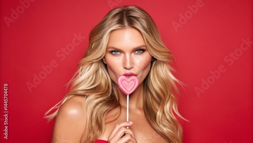 Obraz na płótnie A model with long blonde hair playfully poses while holding a heart-shaped lollipop in front of a striking red backdrop. The setting captures a fun and flirty mood w salonie
