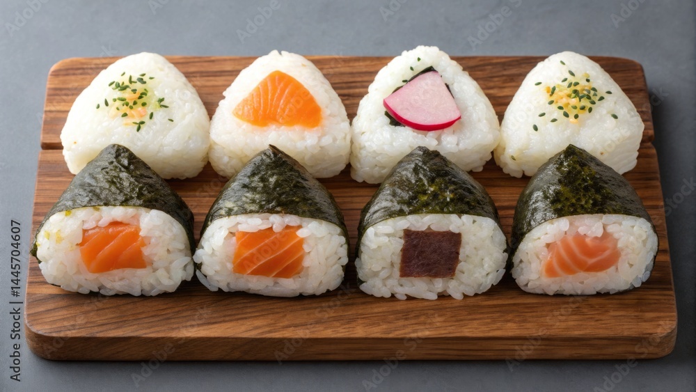 A variety of sushi and onigiri showcasing fresh ingredients, including salmon, tuna, and vegetables, presented on a wooden board in a sunlit kitchen setting