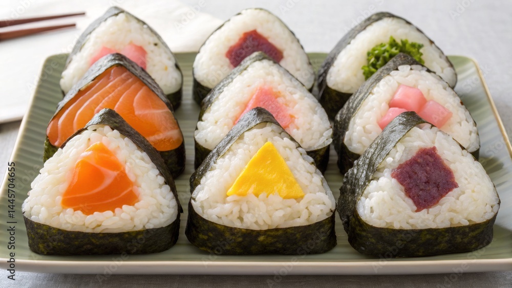 A colorful arrangement of Japanese onigiri, featuring various fillings like salmon, tuna, and vegetables, displayed on a green plate at a casual dining table setting