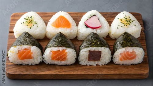 Obraz na płótnie A variety of sushi and onigiri showcasing fresh ingredients, including salmon, tuna, and vegetables, presented on a wooden board in a sunlit kitchen setting w salonie