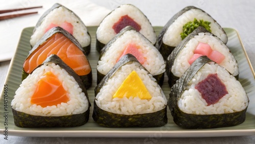 Obraz na płótnie A colorful arrangement of Japanese onigiri, featuring various fillings like salmon, tuna, and vegetables, displayed on a green plate at a casual dining table setting w salonie