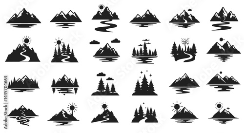 Black and White Mountain Landscapes A Collection of Nature Icons