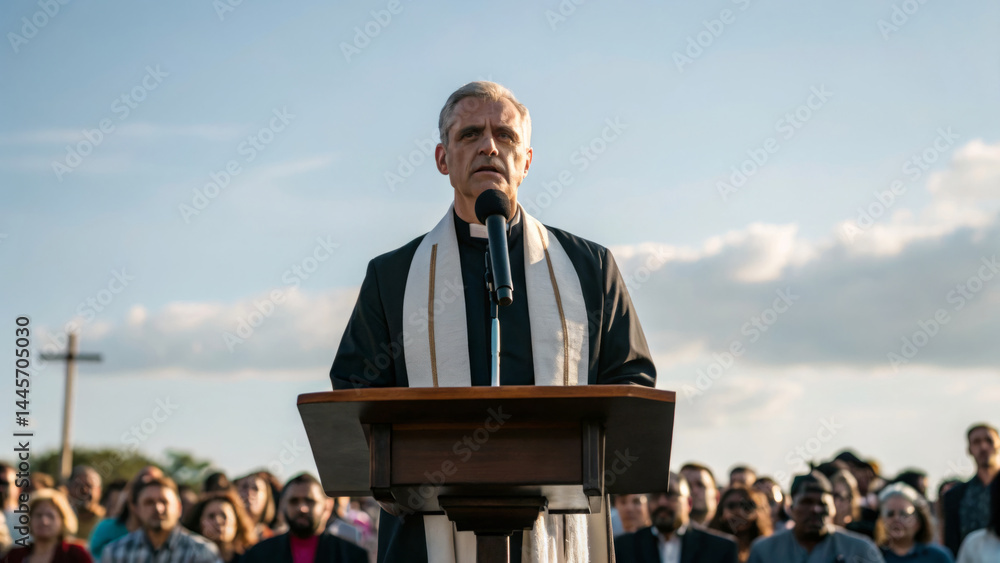 A speaker delivers a heartfelt message to a large gathering of attendees at an outdoor community event during the evening, set against a clear sky and natural backdrop