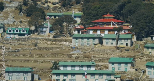 Title Tengboche monastery in the Himalayas. Great for travel blogs, tourism websites, religious publications, inspirational content, and cultural presentations.
