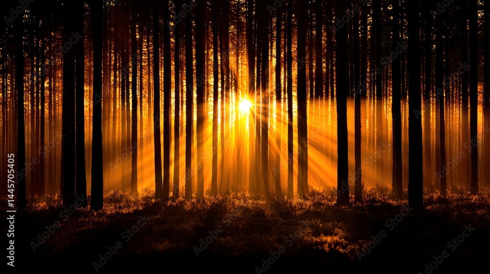 Obraz premium Sunlight bursts through a dense forest creating an ethereal glow