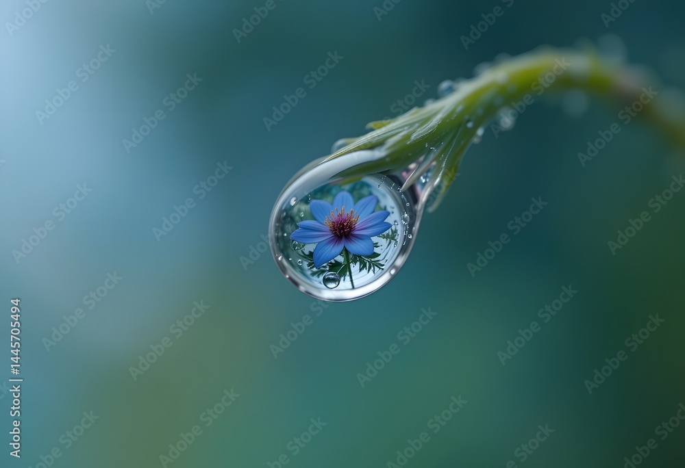 Water Drop Captures Floral Reflection, Close-up. Delicate Flower Detail In Refraction. Fresh, Dewy Botanical Beauty. Nature's Tiny Mirror. Garden Art. Water Drop Captures Floral Reflection, Close-up. Delicate Flower Detail In Refraction. Fresh, Dewy Botanical Beauty. Nature's Tiny Mirror. Garden Art.