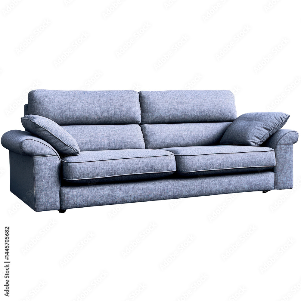 Fototapeta premium Comfortable modern upholstered sofa with plush cushions and curved armrests in a stylish contemporary living room setting