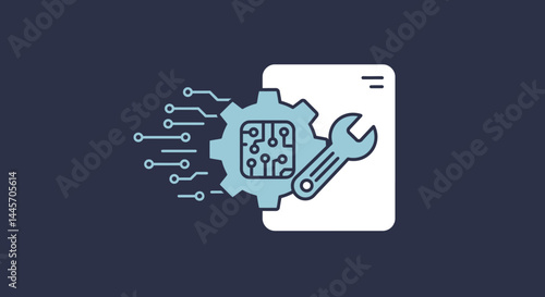 Light Blue Circuit Lines Connecting to a Partial Gear on a Dark Blue Background