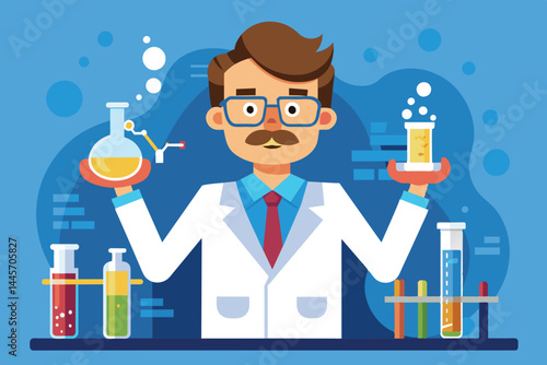 A scientist holds two glass beakers filled with different liquids while conducting experiments at a laboratory table filled with various test tubes.