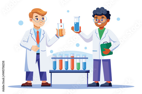 Two enthusiastic young scientists wearing lab coats are engaged in experiments, showcasing vibrant liquids in test tubes while smiling and collaborating in a lively lab environment.