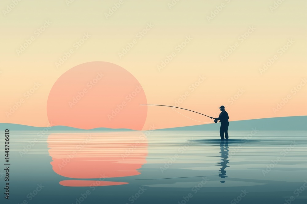A peaceful, minimalist illustration of an angler casting a fishing line, with soft waves and a sunset gradient in the background. A peaceful, minimalist illustration of an angler casting a fishing line, with soft waves and a sunset gradient in the background.