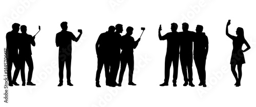 People taking selfie silhouette. People taking selfies group and solo poses silhouettes on a white background.