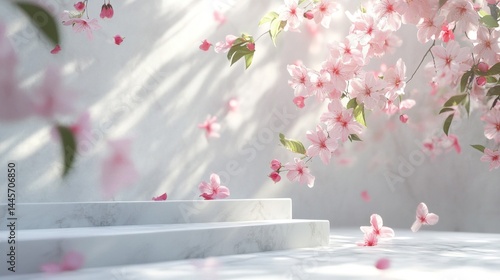 Pink Cherry Blossoms Falling on White Marble Podium