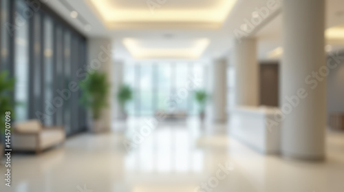 Bright office room in blur  featuring a contemporary area and large glass windows.