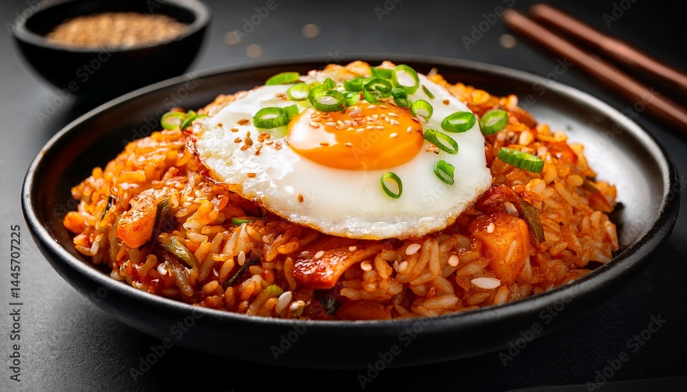 delicious korean kimchi fried rice topped with a sunny side up egg and garnished with sesame seeds delicious korean kimchi fried rice topped with a sunny side up egg and garnished with sesame seeds