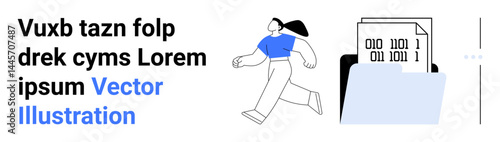 Woman walking confidently near file folder containing binary code papers, hinting at digital data. Ideal for data management, technology solutions, coding, programming, innovation, privacy, simple