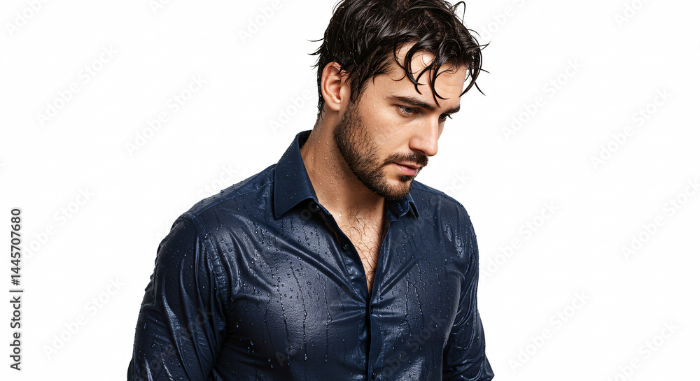 Fototapeta premium Handsome Young Man In Wet Blue Shirt Posing Against White Backdrop