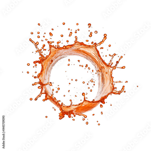 Dynamic splash of brown liquid forms circular shape against transparency background, creating sense of motion and energy. droplets scatter outward, adding to lively composition