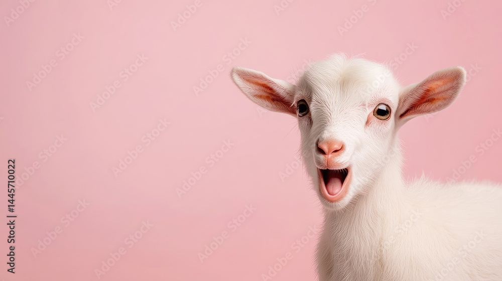 Fototapeta premium A baby goat with its mouth open, against a vibrant pink backdrop