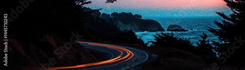 Obraz na płótnie Coastal Road With Vehicle Lights Streaking Along Its Curves w salonie