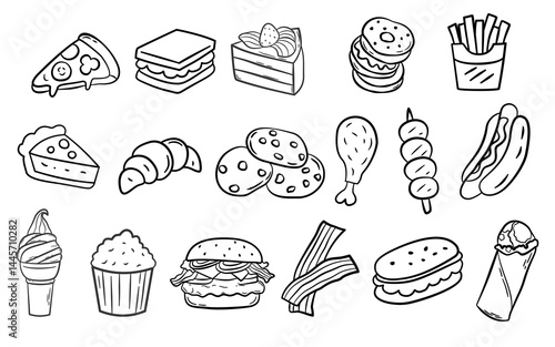Hand drawn doodle food line art, coloring pages vector illustration design.