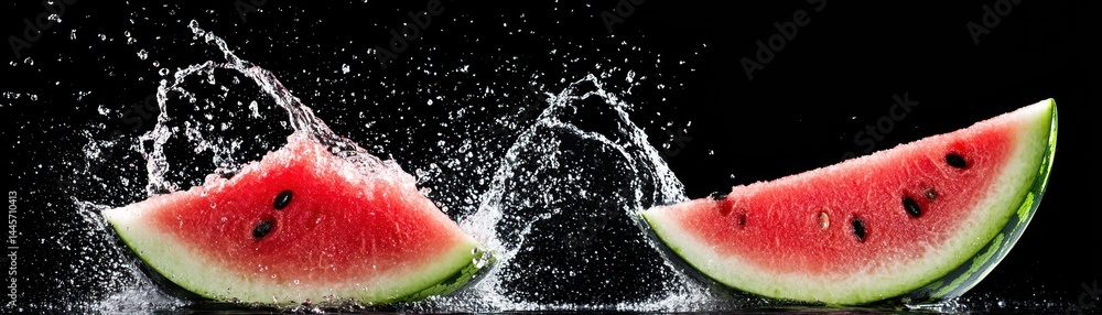 Sliced Watermelon Creating Splashes Of Water Against A Dark Background