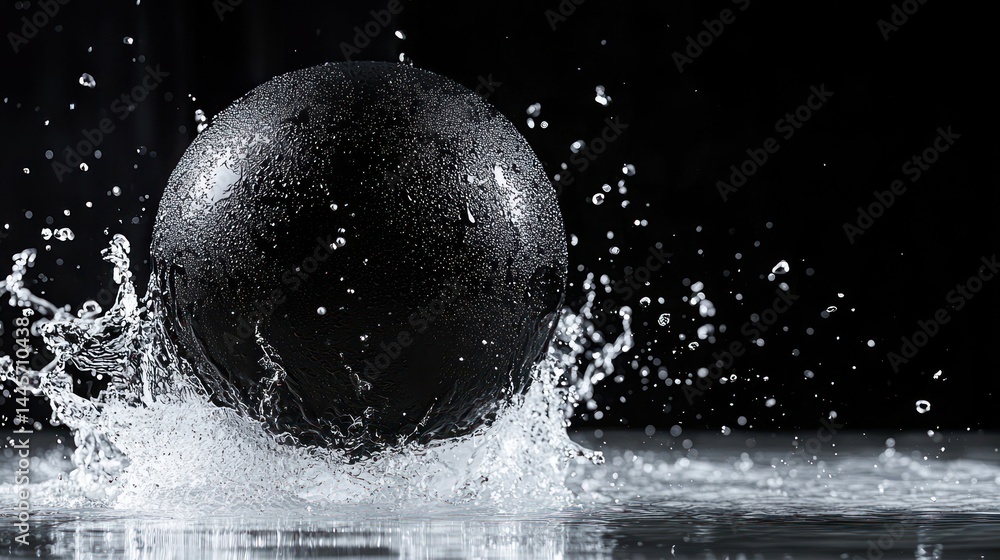 A black sphere interacting with water creating dynamic splash effects