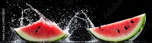Obraz na płótnie Sliced Watermelon Creating Splashes Of Water Against A Dark Background w salonie