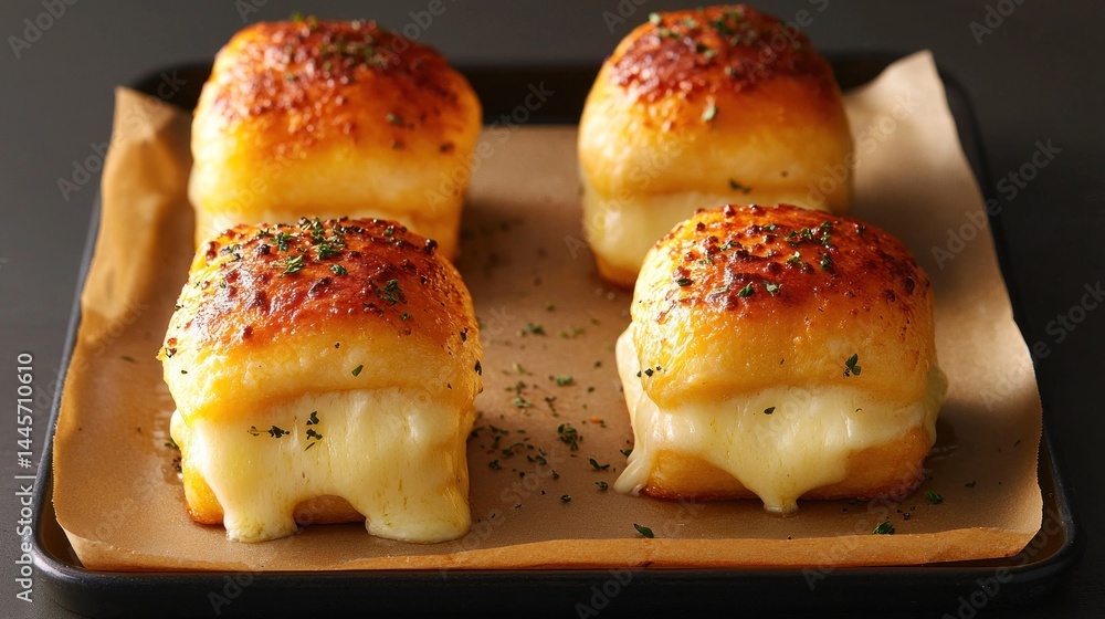 Four baked sandwiches with melting cheese on a tray display