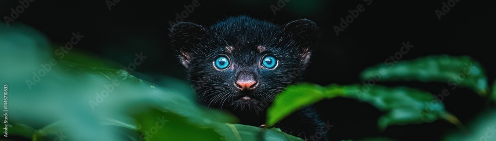 A cute black feline cub with bright blue eyes