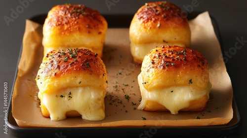 Obraz na płótnie Four baked sandwiches with melting cheese on a tray display w salonie