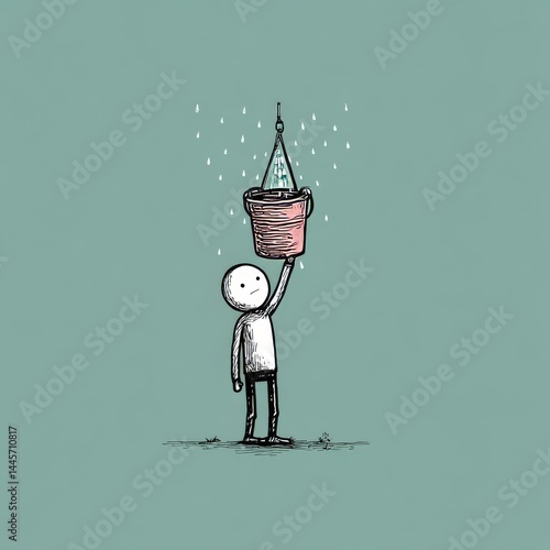 A small stick figure stands holding a leaking bucket in a minimalist illustration with a light teal background.