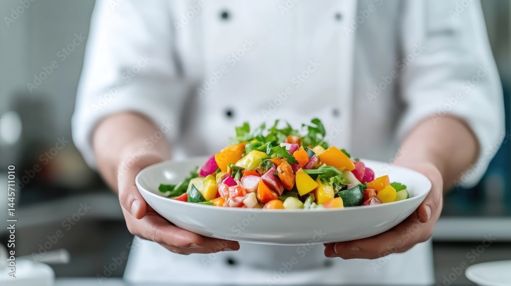 Chef holding colorful vegetable salad Chef holding colorful vegetable salad