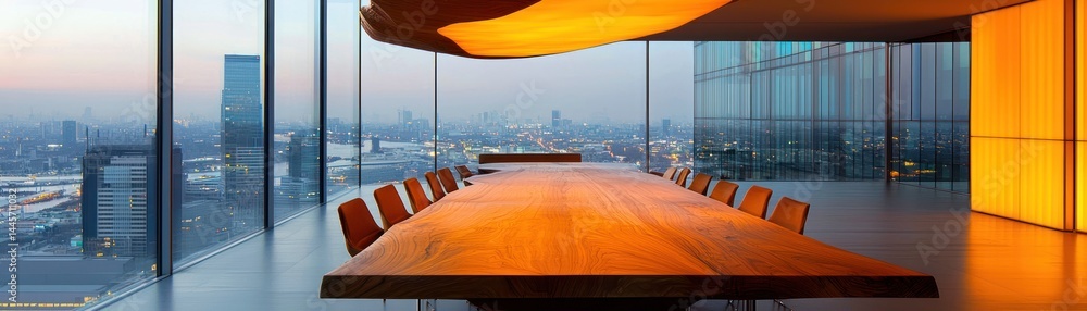 Luxurious boardroom showcasing a long wooden table and city views