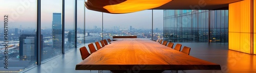 Obraz na płótnie Luxurious boardroom showcasing a long wooden table and city views w salonie