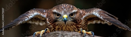 Obraz na płótnie A beautiful hawk with open wings looking directly forward w salonie