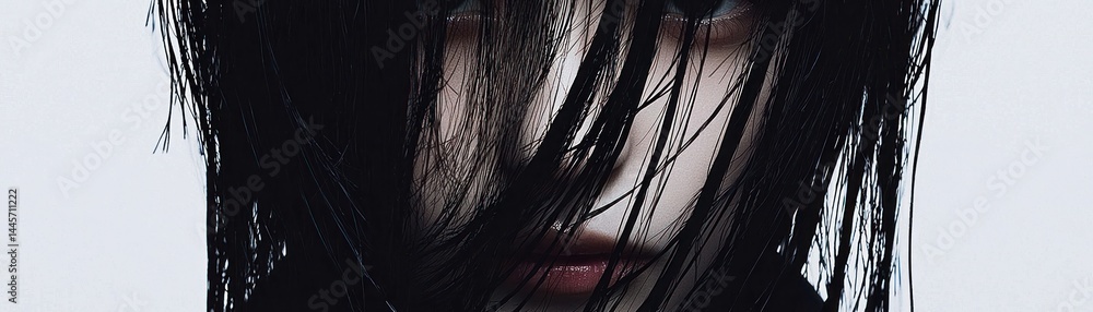 Portrait shows a face partially obscured by wet dark hair