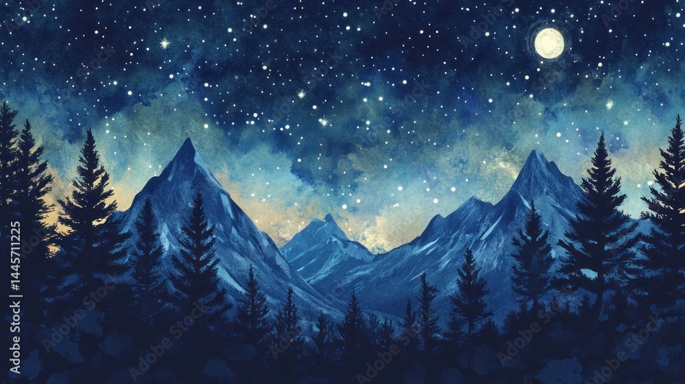 A beautiful watercolor painting of night mountains and forests