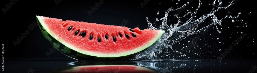 A refreshing slice of watermelon with water splash against black background