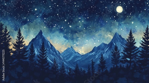 Obraz na płótnie A beautiful watercolor painting of night mountains and forests w salonie