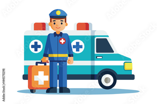 A cartoon-style emergency medical technician stands proudly next to a blue and white ambulance, holding a first aid kit ready for action during daylight hours.