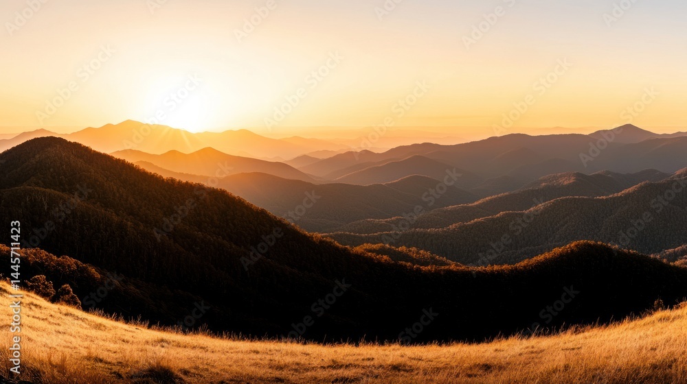 The golden hour sunlight illuminates rolling mountains and grassy fields