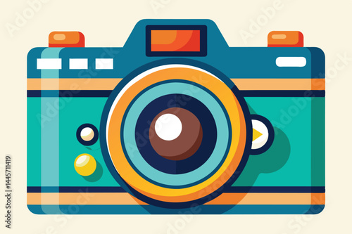 This illustration showcases a vintage-style camera with a round lens and colorful buttons, perfect for representing photography and creativity in a fun way.